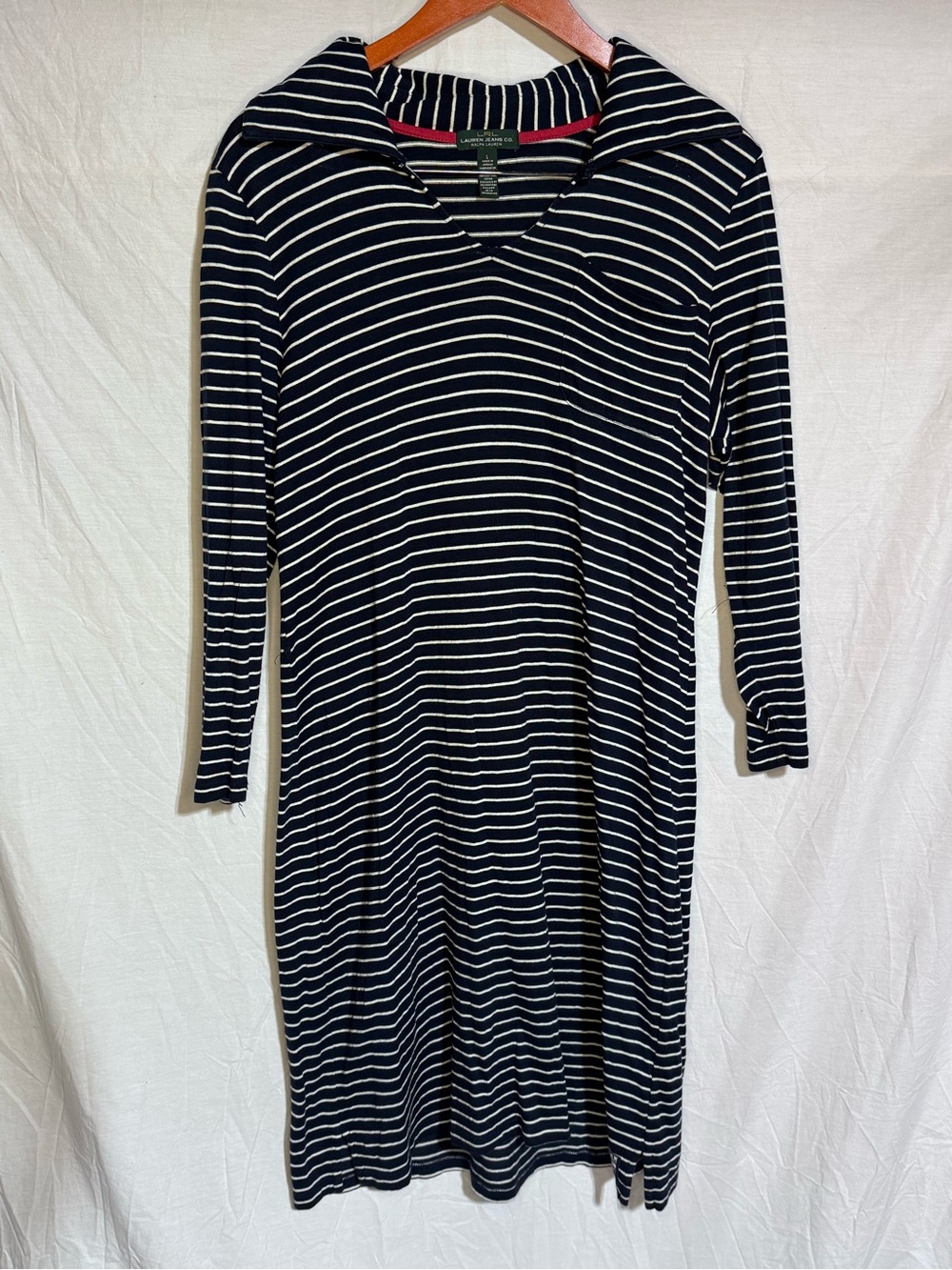 Lauren Ralph Lauren Navy and White Striped Long-Sleeve V-Neck Dress